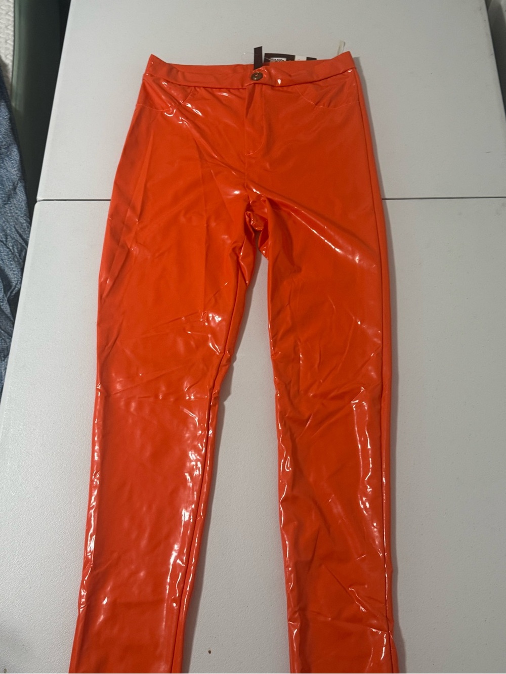 Celebrity Fashion Hera Collection Orange Patent Vinyl Pants NWT M
